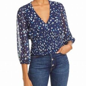 Aqua V Neck Puff Sleeve Navy Blue Patterned Blouse